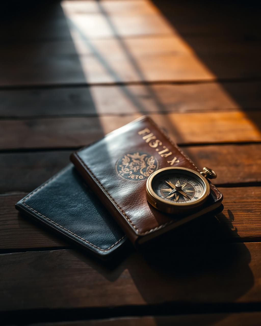A vintage leather passport and brass compass on a wooden table