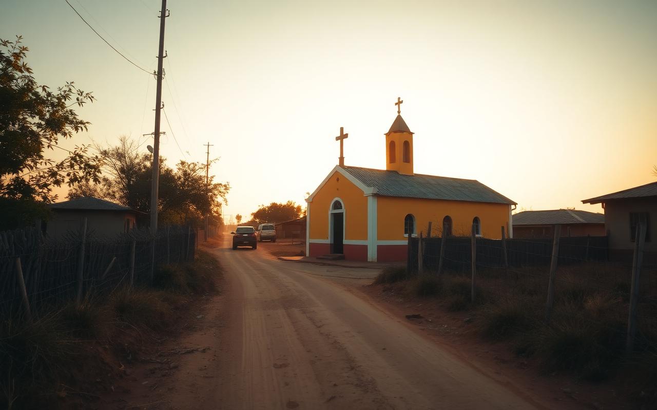 Rural village church at golden hour