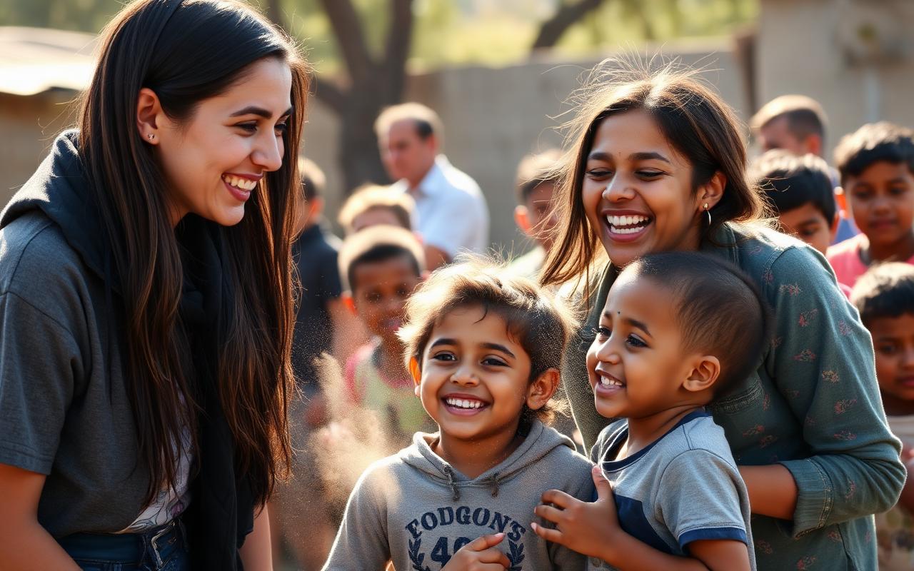 Volunteers laughing with children in an outdoor community gathering